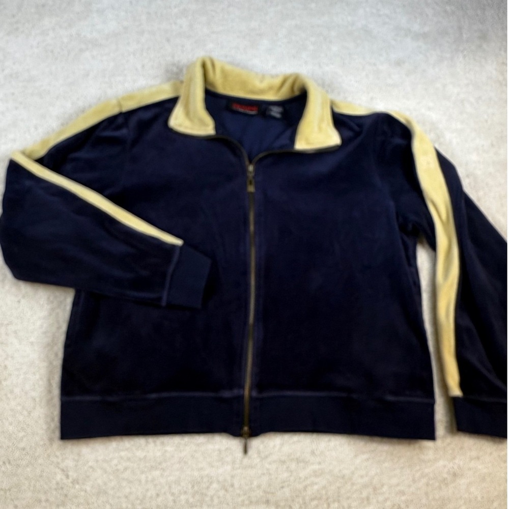 Vintage Oleg Cassini Womens Retro Velour‎ Track Jacket Full Zip Blue Gold Size L